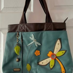 Chala Teal Turquoise Leather Handbag w/ dragonflies/buttons/flowers. Gorgeous!